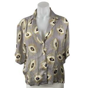 Kyle x Shahida 100% Silk Evil Eye Collared Half Sleeve Button Down Shirt Top L